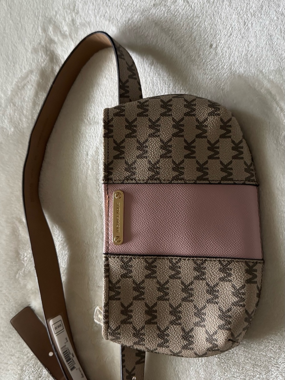 Michael Kors Beige Monogram Crossbody with Pink Leather Panel